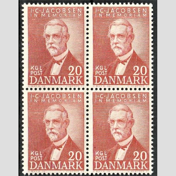 FRIMRKER DANMARK | 1947 - AFA 305 - I. C. Jacobsen - 20 re brunrd i 4-blok - Postfrisk