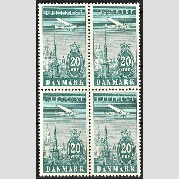 FRIMRKER DANMARK | 1934 - AFA 218 - Ny Luftpost 20 re blgrn i 4-blok - Postfrisk