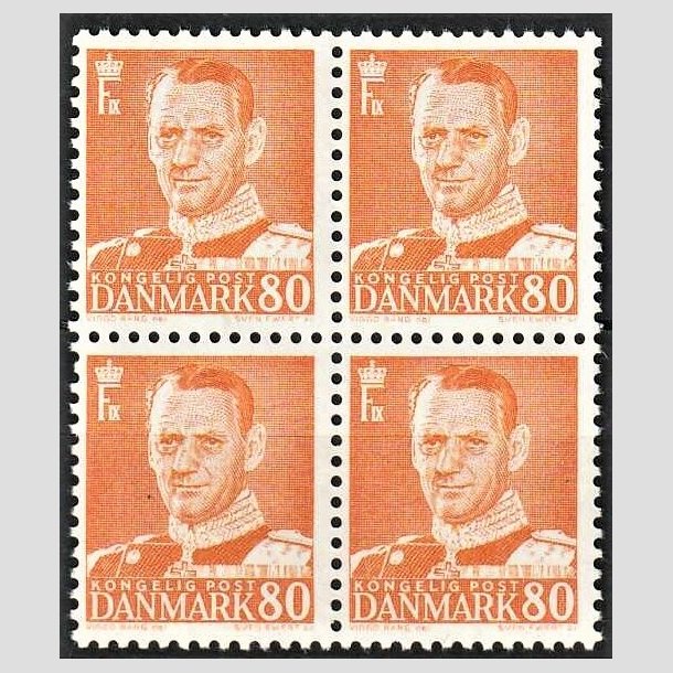 FRIMRKER DANMARK | 1952-53 - AFA 341 - Frederik IX - 80 re orange i 4-blok - Postfrisk