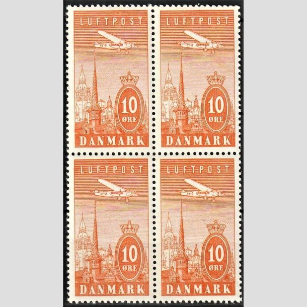 FRIMRKER DANMARK | 1934 - AFA 216 - Ny Luftpost 10 re gul i 4-blok - Postfrisk