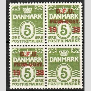 FRIMRKER DANMARK | 1938 - AFA 245 - D.F.U - 5 re grn i 4-blok - Postfrisk