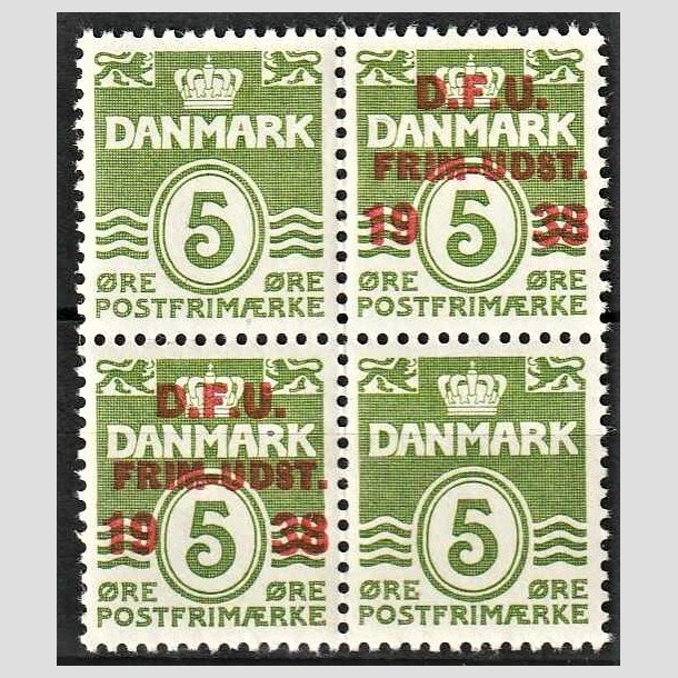 FRIMRKER DANMARK | 1938 - AFA 245 - D.F.U - 5 re grn i 4-blok - Postfrisk