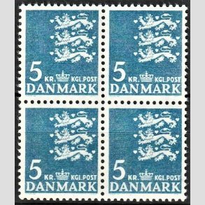 FRIMRKER DANMARK | 1946-47 - AFA 295 - Rigsvben - 5 kr. bl i 4-blok - Postfrisk