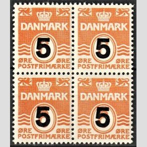 FRIMRKER DANMARK | 1955-56 - AFA 361 - Provisorier - 5/ 6 re orangegul i 4-blok - Postfrisk