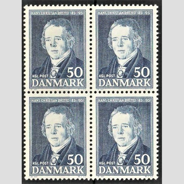 FRIMRKER DANMARK | 1951 - AFA 330 - Hans Christian rsted - 50 re bl i 4-blok - Postfrisk