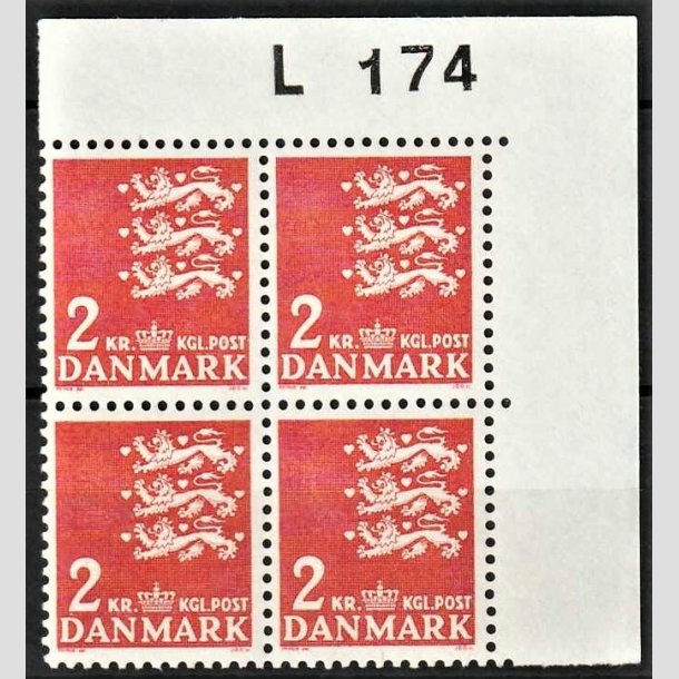 FRIMRKER DANMARK | 1946-47 - AFA 294F - Rigsvben - 2 kr. rd i 4-blok med marginal L174 - Postfrisk