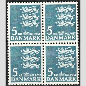 FRIMRKER DANMARK | 1946-47 - AFA 295F - Rigsvben - 5 kr. bl i 4-blok - Postfrisk