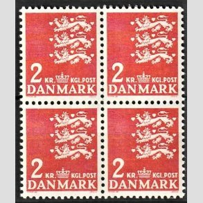 FRIMRKER DANMARK | 1946-47 - AFA 294F - Rigsvben - 2 kr. rd i 4-blok - Postfrisk