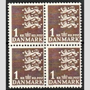 FRIMRKER DANMARK | 1946-47 - AFA 293F - Rigsvben - 1 kr. brun i 4-blok - Postfrisk