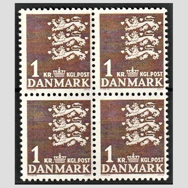 FRIMRKER DANMARK | 1946-47 - AFA 293F - Rigsvben - 1 kr. brun i 4-blok - Postfrisk