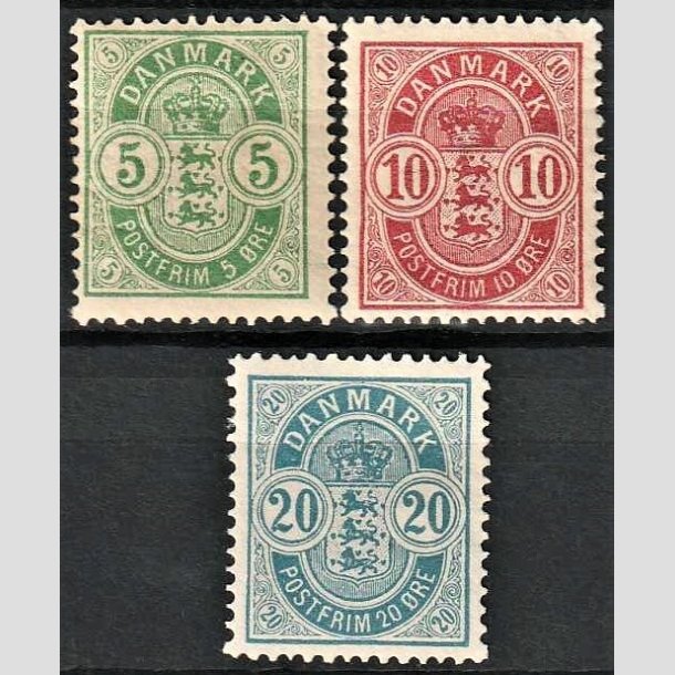 FRIMRKER DANMARK | 1884-85 -  AFA 34,35,36 - Vbentype - 5, 10 og 20 re i st - Ubrugt