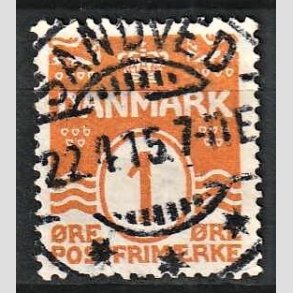FRIM�RKER DANMARK | 1913-14 - AFA 77 - B�lgelinie - 1 �re orange - Lux Stemplet Sandved
