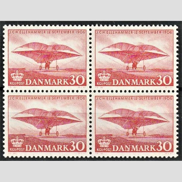 FRIMRKER DANMARK | 1956 - AFA 366 - Ellehammer - 30 re rd i 4-blok - Postfrisk