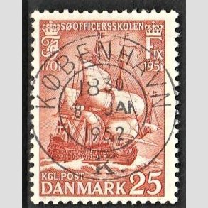 FRIM�RKER DANMARK | 1951 - AFA 328 - S�officerskolen 250 �r - 25 �re brunr�d - Pragt Stemplet