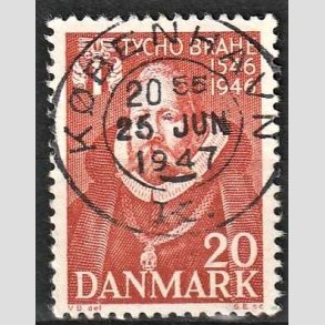 FRIM�RKER DANMARK | 1946 - AFA 298 - Tycho Brahe - 20 �re brunr�d - Pragt Stemplet