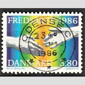 FRIM�RKER DANMARK | 1986 - AFA 857 - FN�s freds�r - 3,80 Kr. flerfarvet - Pragt Stemplet Odense C