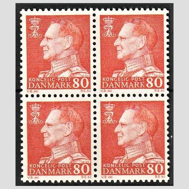 FRIMRKER DANMARK | 1962 - AFA 400 - Frederik IX - 80 re orangegul i 4-blok - Postfrisk