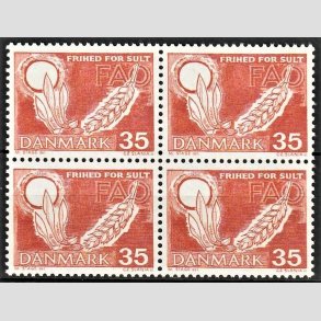 FRIMRKER DANMARK | 1962 - AFA 412 - FAO anti-hunger - 35 re brunrd i 4-blok - Postfrisk
