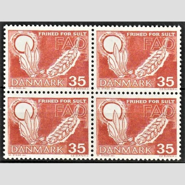 FRIMRKER DANMARK | 1962 - AFA 412 - FAO anti-hunger - 35 re brunrd i 4-blok - Postfrisk