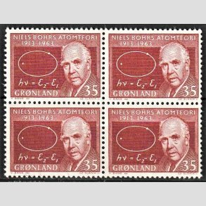 FRIMRKER DANMARK | 1963 - AFA 420F - Niels Bohr - 35 re rdbrun i 4-blok - Postfrisk