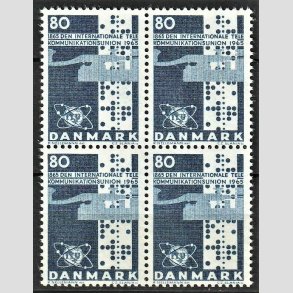 FRIMRKER DANMARK | 1965 - AFA 434F - Telekommunikationsunion - 80 re bl i 4-blok - Postfrisk