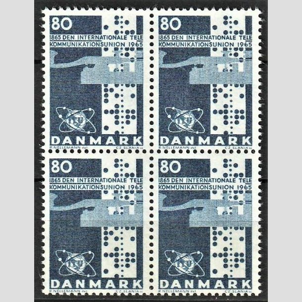 FRIMRKER DANMARK | 1965 - AFA 434F - Telekommunikationsunion - 80 re bl i 4-blok - Postfrisk