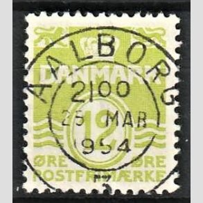 FRIM�RKER DANMARK | 1952-53 - AFA 335 - B�lgelinie 12 �re lysgr�n - Lux Stemplet Aalborg