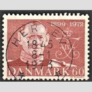 FRIM�RKER DANMARK | 1972 - AFA 522 - Frederik IX mindeudgave - 60 �re brunr�d - Pragt Stemplet Herlev