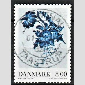 FRIMRKER DANMARK | 2016 - AFA 1872 - Dansk porceln - 8,00 Kr. Bl blomst - Pnt Stemplet
