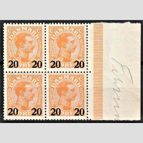 FRIMRKER DANMARK | 1926 - AFA 152 - 20 20/30 re orange provisorier i 4-blok med marginalstykke - Postfrisk