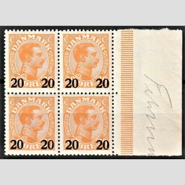 FRIMRKER DANMARK | 1926 - AFA 152 - 20 20/30 re orange provisorier i 4-blok med marginalstykke - Postfrisk