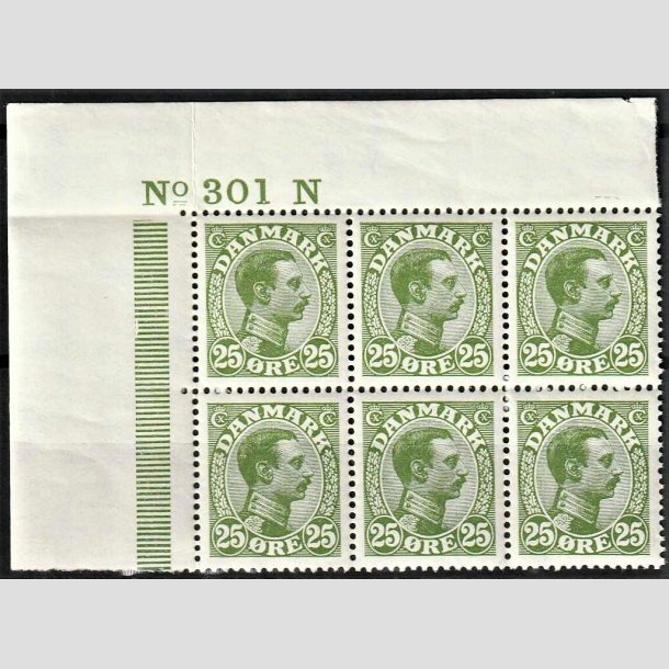 FRIMRKER DANMARK | 1925-26 - AFA 148 - Chr. X 25 re grn i 6-blok med marginal N301 - Postfrisk