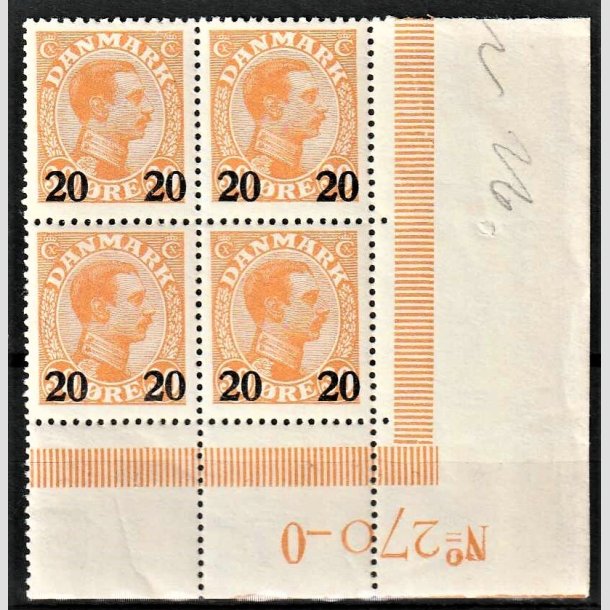 FRIMRKER DANMARK | 1926 - AFA 152 - 20 20/30 re orange provisorier i 4-blok med nedre marginal N270 - Postfrisk (NB)