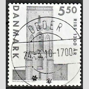 FRIMRKER DANMARK | 2010 - AFA 1614E - Ribe 1300 r. - 5,50 Kr. grsort p klip - Pragt Stemplet Odder