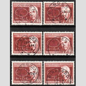 FRIM�RKER DANMARK | 1963 - AFA 420 - Niels Bohr - 35 �re r�dbrun x 6 - Pragt Stemplet (Seks forskellige bynavne)