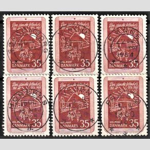 FRIM�RKER DANMARK | 1964 - AFA 423 - Skolev�snet 150 �r - 35 �re r�dbrun x 6 - Pragt Stemplet (Seks forskellige bynavne)