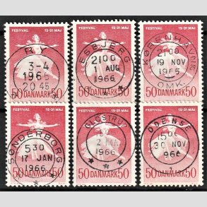 FRIM�RKER DANMARK | 1965 - AFA 438 - Ballet og musikfestival - 50 �re r�d x 6 - Pragt Stemplet (Seks forskellige bynavne)