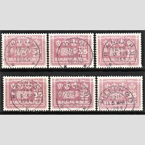 FRIM�RKER DANMARK | 1964 - AFA 427 - Frim�rkets dag 25 �r - 35 �re rosalilla x 6 - Pragt Stemplet (Seks forskellige bynavne)