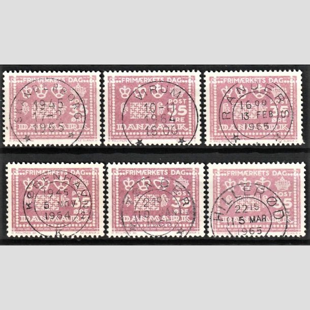 FRIMRKER DANMARK | 1964 - AFA 427 - Frimrkets dag 25 r - 35 re rosalilla x 6 - Pragt Stemplet (Seks forskellige bynavne)