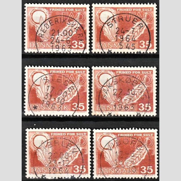 FRIMRKER DANMARK | 1963 - AFA 412 - FAO anti-hunger - 35 re brunrd x 6 - Lux Stemplet (Seks forskellige bynavne)