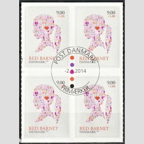 FRIMRKER DANMARK | 2013 - AFA 1768 - Red barnet - 9,00 + 1 Kr. flerfarvet i 4-blok - Pragt Stemplet