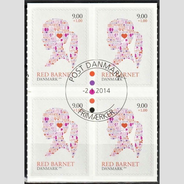 FRIMRKER DANMARK | 2013 - AFA 1768 - Red barnet - 9,00 + 1 Kr. flerfarvet i 4-blok - Pragt Stemplet