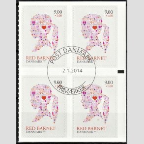 FRIMRKER DANMARK | 2013 - AFA 1768 - Red barnet - 9,00 + 1 Kr. flerfarvet i 4-blok - Pragt Stemplet