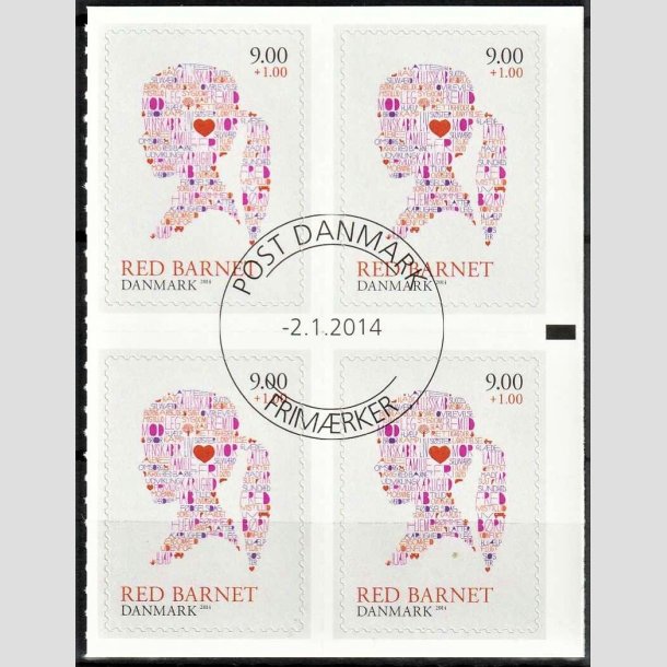 FRIMRKER DANMARK | 2013 - AFA 1768 - Red barnet - 9,00 + 1 Kr. flerfarvet i 4-blok - Pragt Stemplet