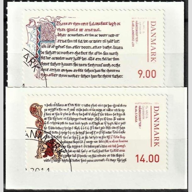 FRIMRKER DANMARK | 2014 - AFA 1791,1792 - Hndskrifter - 9,00 + 14,00 Kr. flerfavet - Hjrne Stemplet