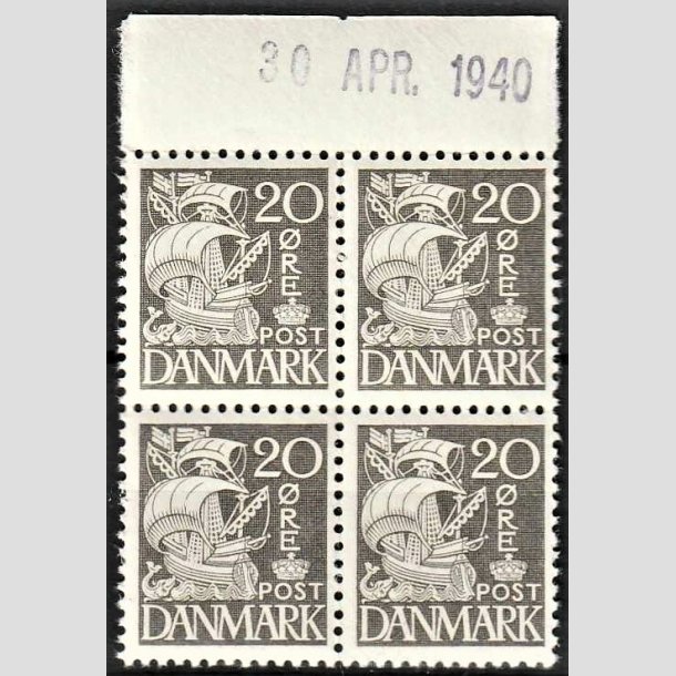 FRIMRKER DANMARK | 1937-40 - AFA 204a - Karavel 20 re gr Type II i 4-blok - Postfrisk