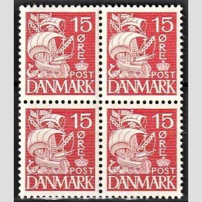 FRIMRKER DANMARK | 1937-40 - AFA 203a - Karavel 15 re rd Type II i 4-blok - Postfrisk