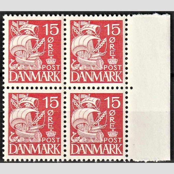 FRIMRKER DANMARK | 1937-40 - AFA 203a - Karavel 15 re rd Type II i 4-blok - Postfrisk