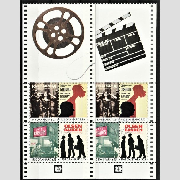 FRIMRKER DANMARK | 2000 - AFA 1271A,1271B - Dansk film i 1900-tallet - Miniark med filmspole + Klaptr - Stemplet