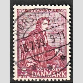 FRIMRKER DANMARK | 1938 - AFA 249 - Thorvaldsen 5 re rdlilla - Lux Stemplet Hrsholm